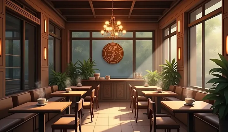 you can draw a cafe background with beige tables and chairs, Cocoa pattern sign , Coffee, cute chandelier with glass window and LED light strips , anime style, dark atmosphere, Japan cafe and empty cafe