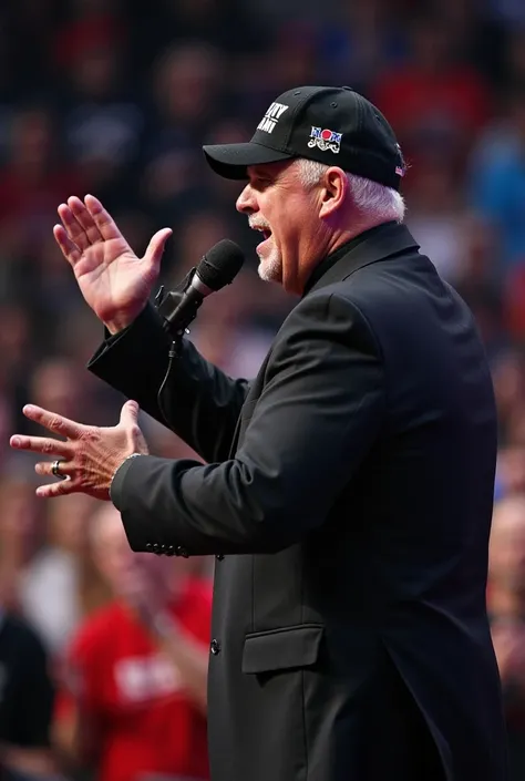 A dynamic scene of a male figure speaking passionately at a public event. He is wearing a fitted black suit and a black cap that reads a political slogan. His hand gesture conveys assertiveness, with a microphone positioned at center stage. The background ...