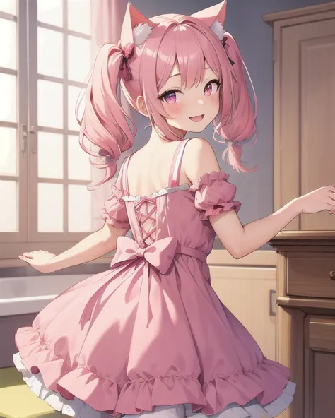 Best quality, high resolution, detailed, beautiful image quality, one girl, cute dress with frills, pink dress, pink hair, long twin tails, cat ears, lolicon feeling, smiling, white and pink room, facing forward, cute gestures, wink,