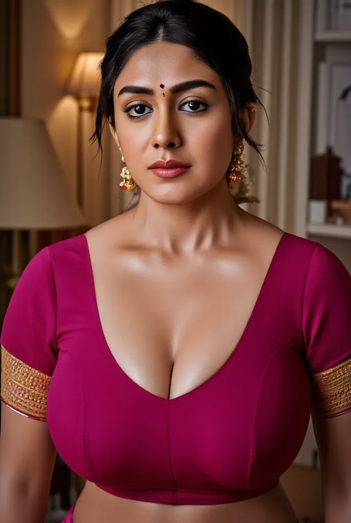 Busty woman,in wine designer saree and wine designer blouse, bending down , picking a object from floor,showing her cleavage , looking at camera ,lusty blue eyes,sexy erotic look face,dark black hair bun,flowers around hair bun,bangles in hand,thick black ...