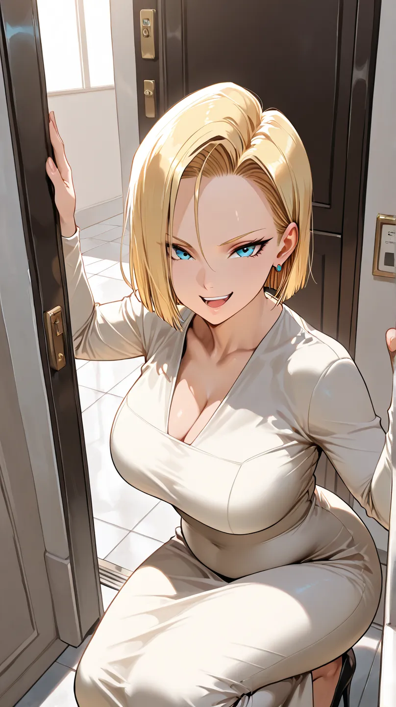 (( best quality )), ((Masterpiece)), (  Details), android 18, blonde  hair,  short hair, dongtan dress , Clothes that fit the body , looking at viewer, 1girl, solo, hot sexy woman with huge  and thighs , Belly fold , Fat body, entrance, Wearing earrings, e...