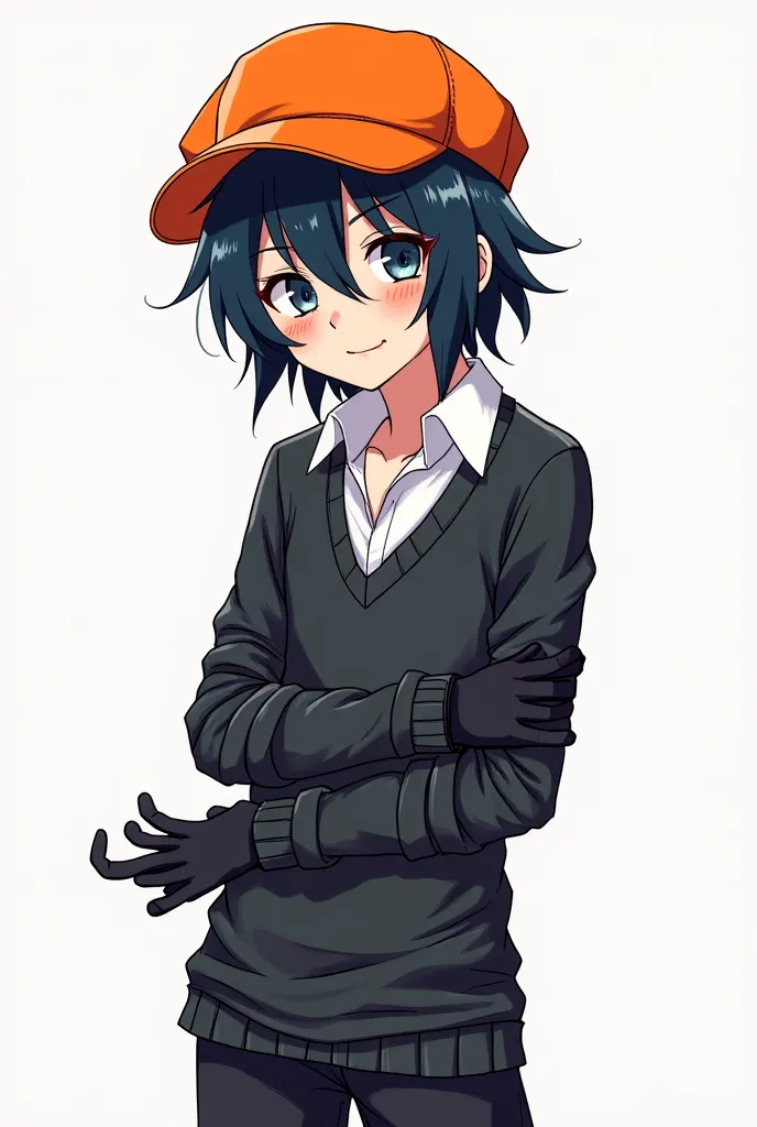 an Adult with black hair that reaches the waist, an orange hat, lentes, a fun and slightly bloody smile, black gloves, a white shirt with a black pullover full of straps on the arms, black pants,  black shoes. Make it like an anime-like logo