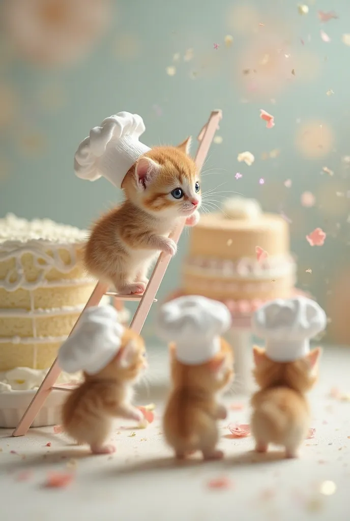 A 1cm-long munchkin kitten with an unbelievably cute face is at the top of the ladder, carefully placing a delicate sugar ribbon on the wedding cake. The kitten wears a tiny white chef’s hat, making it look like an expert pastry chef. Just as it lets go, t...