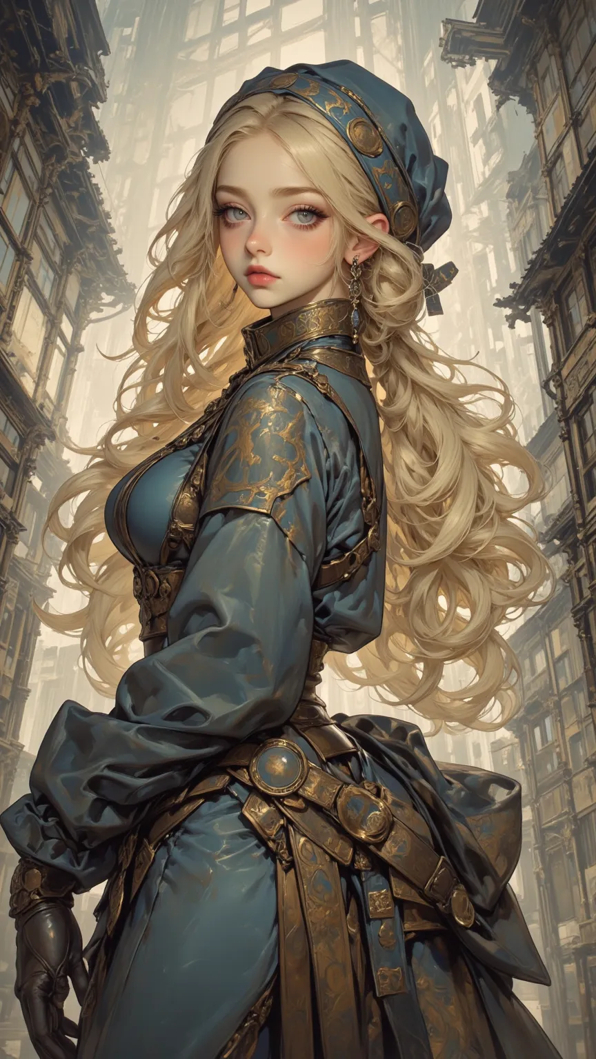 A gorgeous realistic portrait，depicting a girl with long blonde hair，blue eyes smiling at the audience，with perfect eyes and a full chest，Wearing a long-sleeved shirt and headdress，shows a vivid moment of life。