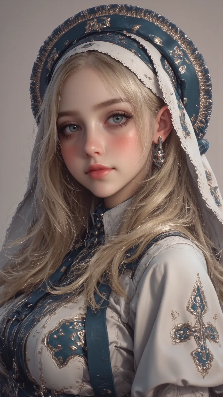 A gorgeous realistic portrait，depicting a girl with long blonde hair，blue eyes smiling at the audience，with perfect eyes and a full chest，Wearing a long-sleeved shirt and headdress，shows a vivid moment of life。