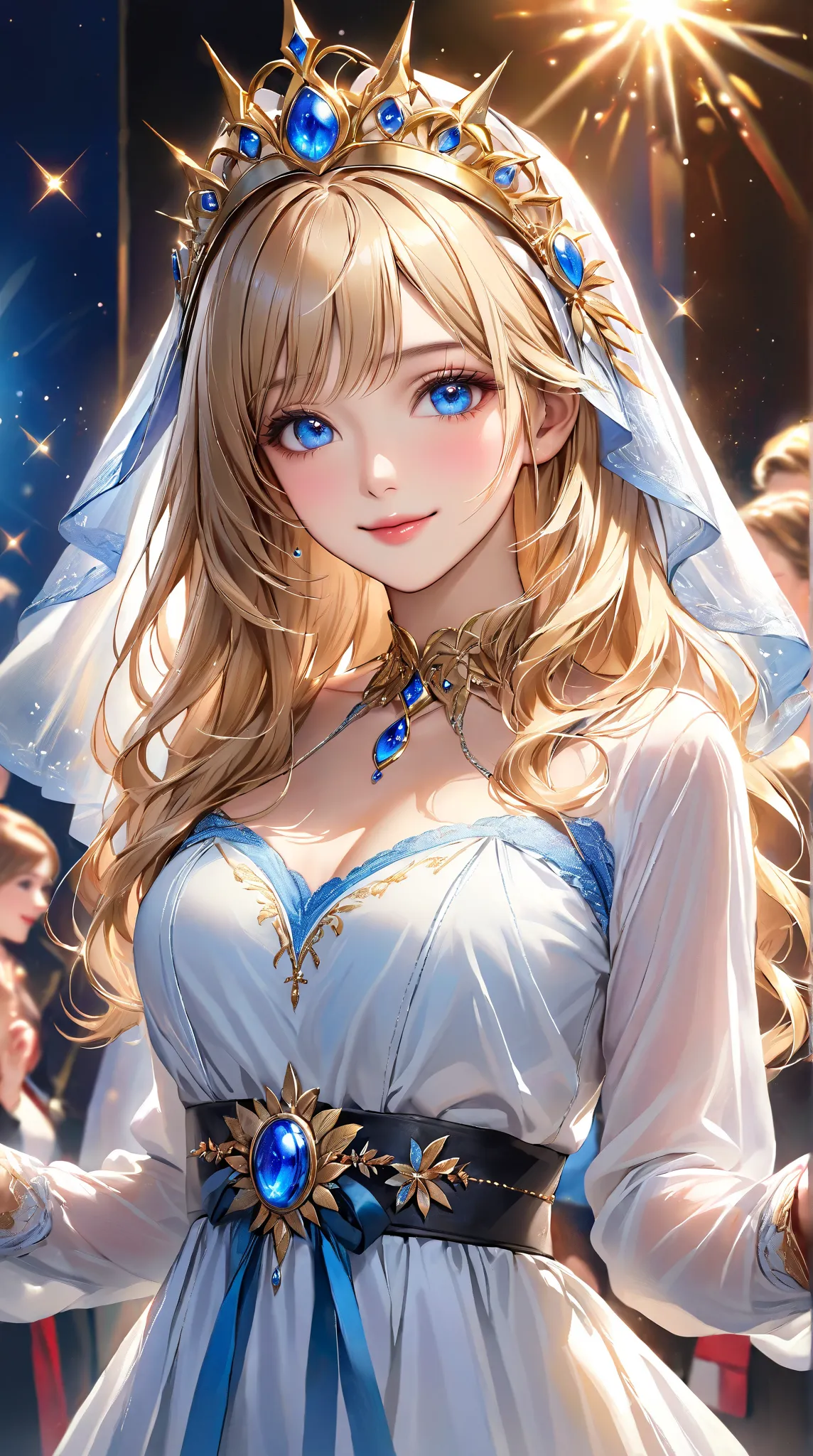 A gorgeous realistic portrait，depicting a girl with long blonde hair，blue eyes smiling at the audience，with perfect eyes and a full chest，Wearing a long-sleeved shirt and headdress，shows a vivid moment of life。