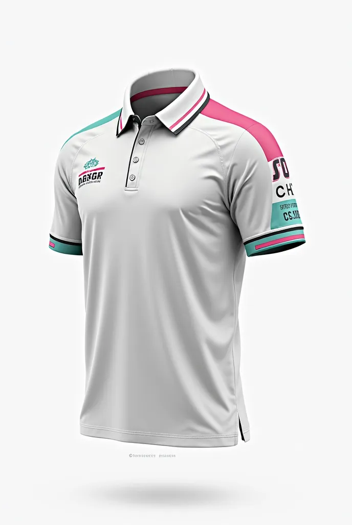 Design me a polo shirt for the coaching staff of a football team, that the shirt is full white, Let the collar be gold and black and the bottom edge of the shirt too, that the edges of the sleeves one is pink and the other turquoise, that on one of the sle...