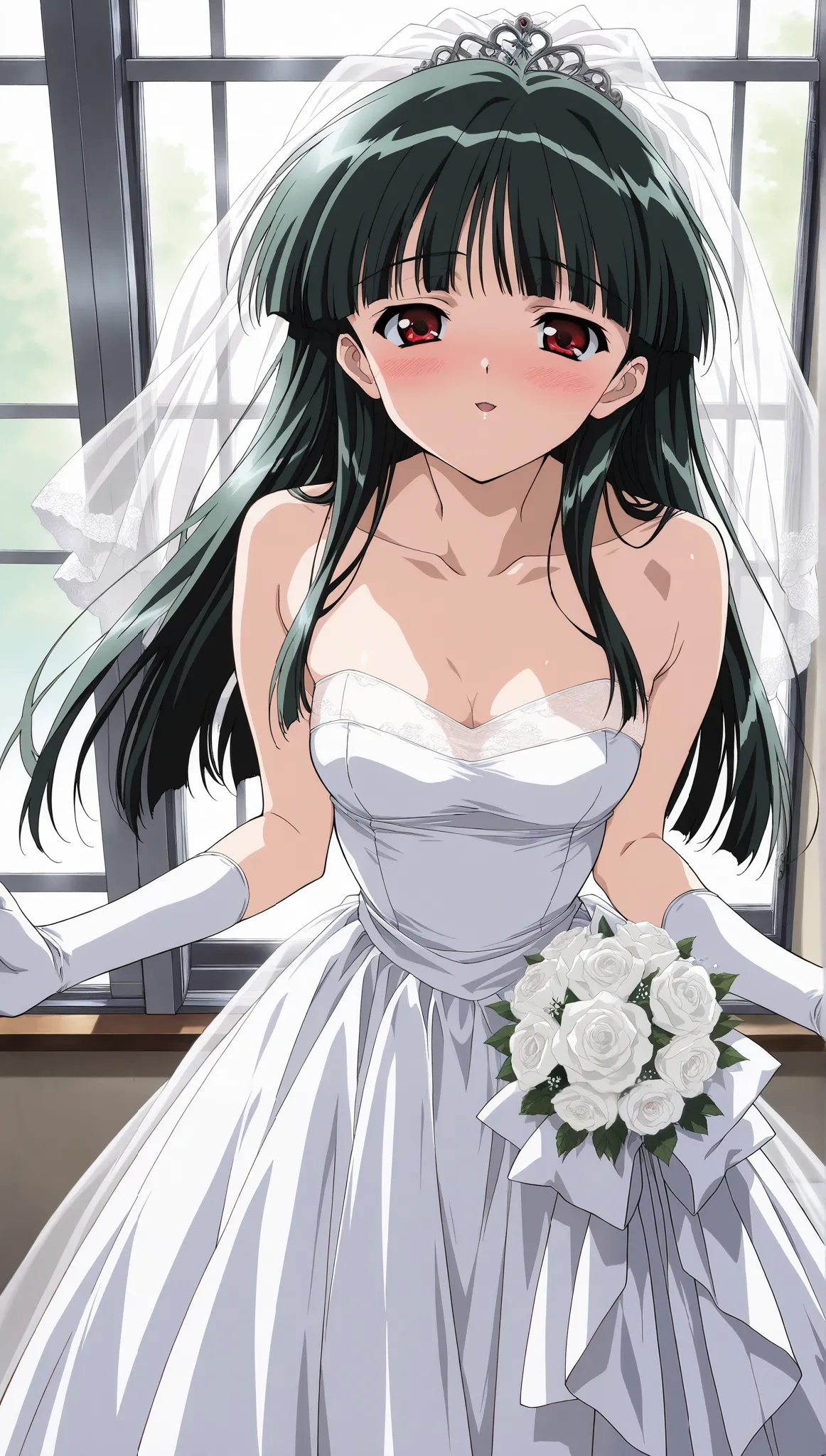 one girl, Alone, (cowboy shot), Rina_fireplaces, long hair, blunt bangs, red eyes,   Dark Green Hair , 1990s ( style), small breasts, cleavage, (Wedding Dress), (shy:1.1), (blush), (smile), (I'm fascinated:1.1), (incoming kiss:1.2), ( wedding venue from th...