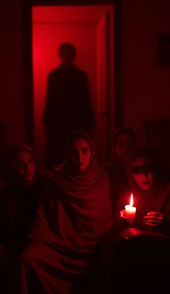 image in red and black “A dark room illuminated only by the faint light of the candle.  In the background, a blurry and sinister shadow appears barely visible. The four agers look around with expressions of fear, while a faint ghostly whisper seems to fill...