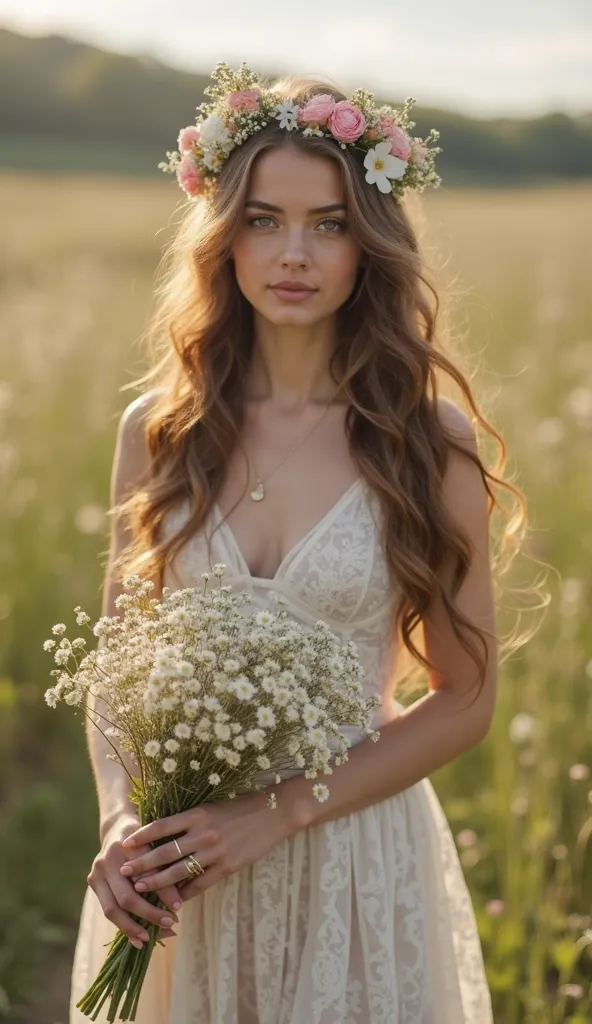 Beautiful young woman , make up for the camera, walks through the valley,  inch woman's figure 'long wavy hair, on the head of a wreath of spring flowers,in a long airy dress, in his hand he holds, bouquet of spring flowers ,in the background of early earl...