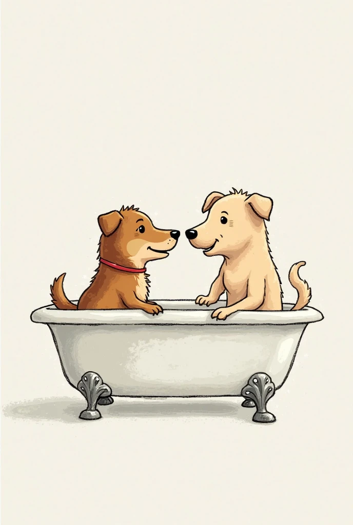 Draw a picture of 2 dogs that stand on two legs and are inside a bathtub and that one is a girl and is in underwear and the other is a boy who is naked and has a small penis and the girl looks at him and touches his penis laughing with joy 