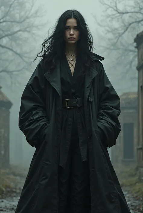  tall woman ,  big jacket , long hair in the color black