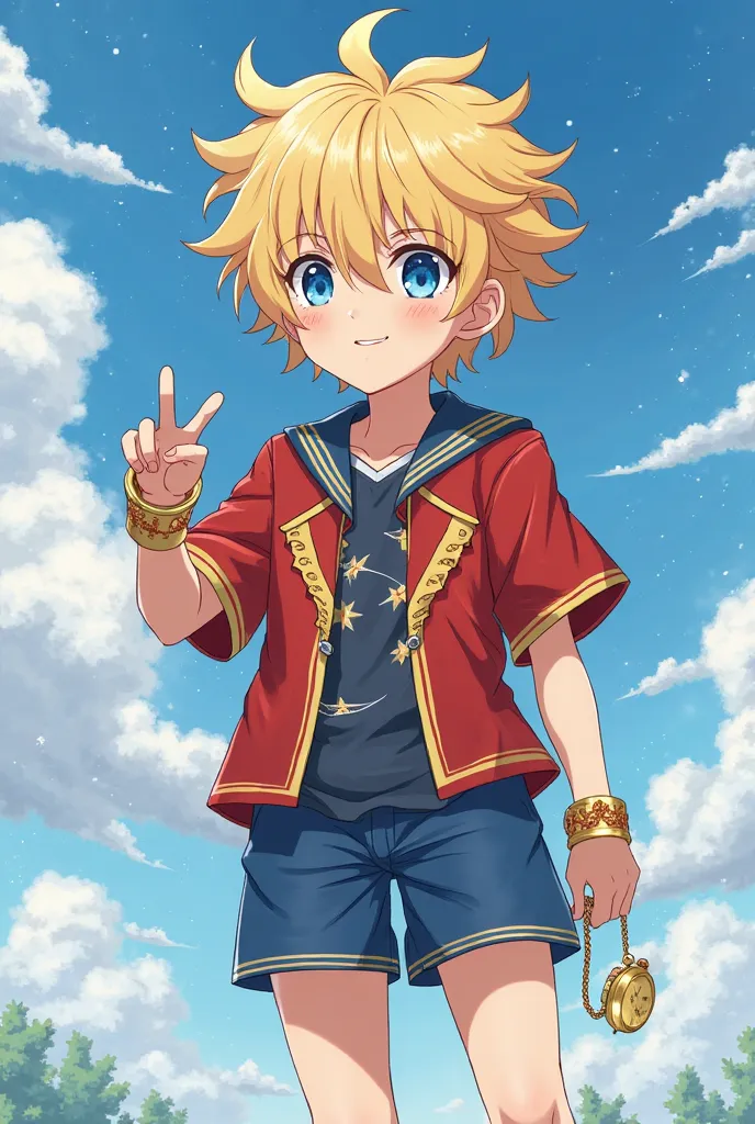 Make an illustration of a An anime character with the following characteristics: He looks like a  of about , He is white, with a healthy appearance and slightly flushed cheeks, his hair is blond in a tone that resembles the sun, his eyes are blue like the ...