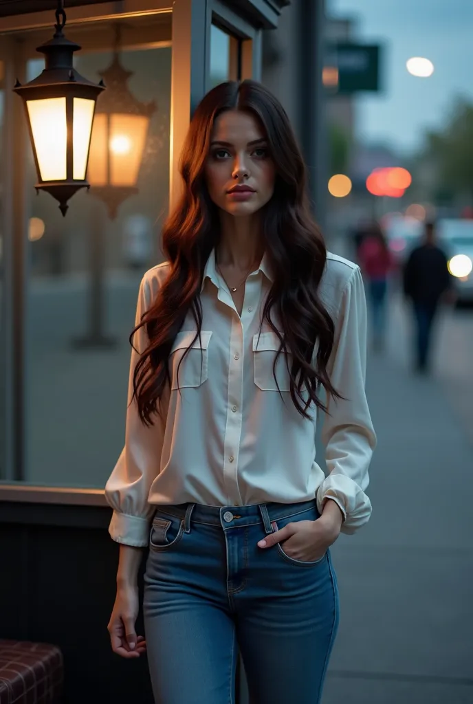 Image of a tall slender woman on a gray evening already darkening, She wears blue jeans and white blouse, long dark brown hair and very pretty with her face, fine features, she is in a corner standing next to a bus booth. The scene takes place in a faint l...