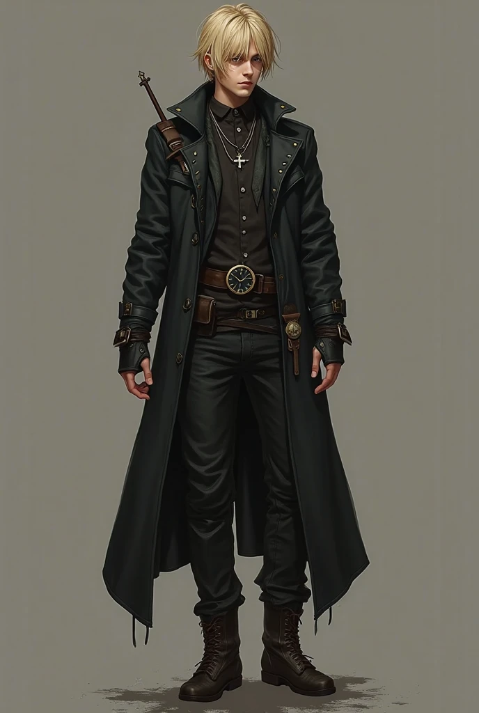 
Make an RPG character, 16-year-old man, with straight blonde hair , skinny jacket with dark and discreet clothes, generally a long black, and reinforced boots . He always carries an old watch attached to his wrist, that seems important to him. And a neckl...