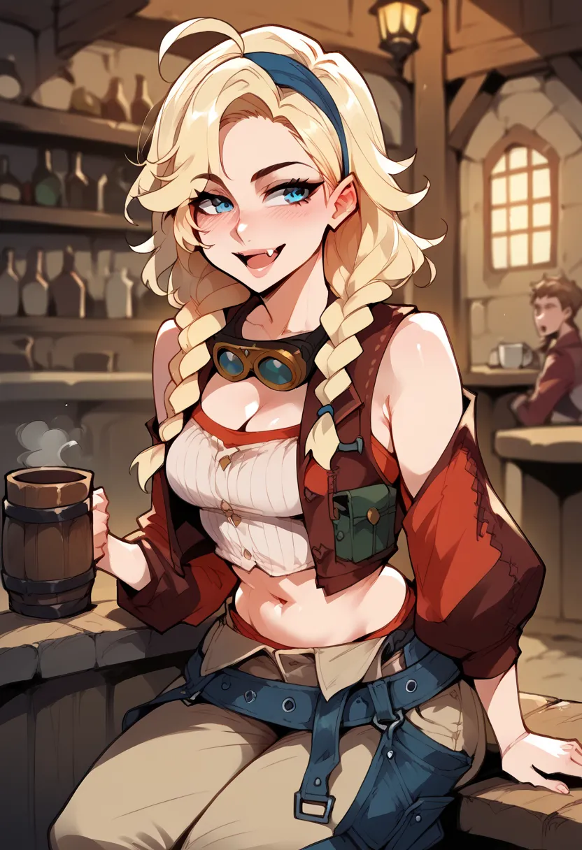 1girl, solo, long hair, blonde hair, braid, multiple braids, blue eyes, ahoge, hairband, overalls, navel, midriff, baggy pants, pouch, goggles around neck, red jacket, crop top, tool belt, brown pants detached sleeves, tube top, sitting, tavern, holding mu...