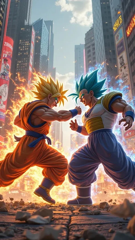 Create a picture of Son Goku and Vegeta fighting in the New York Timesquare 20250