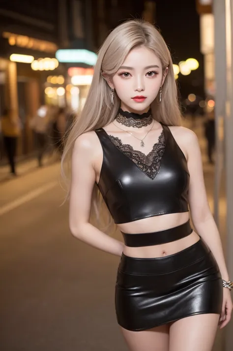 "A glamorous young woman with long, sleek silver hair standing in a stylish urban night setting. She is wearing an intricate, silver lace crop top with thin straps, paired with a black leather skirt. Her accessories include a black choker necklace, a silve...