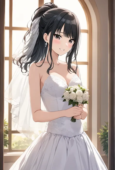 Alone, one girl, (Hiori Kazano), (cowboy shot), ponytail, black hair,  dark eyes, hair between eyes, small breasts, cleavage, (Wedding Dress), (shy:1.1), (blush), (smile), (I'm fascinated:1.1), (incoming kiss:1.2), ( wedding venue from the window),  score_...