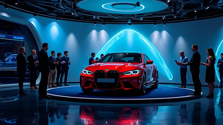 Inside a state-of-the-art car showroom with ambient blue lighting and a futuristic aesthetic. The 2025 BMW M3 in deep metallic red is positioned on a rotating display platform, its sleek aerodynamic design emphasized by strategically placed spotlights. A g...