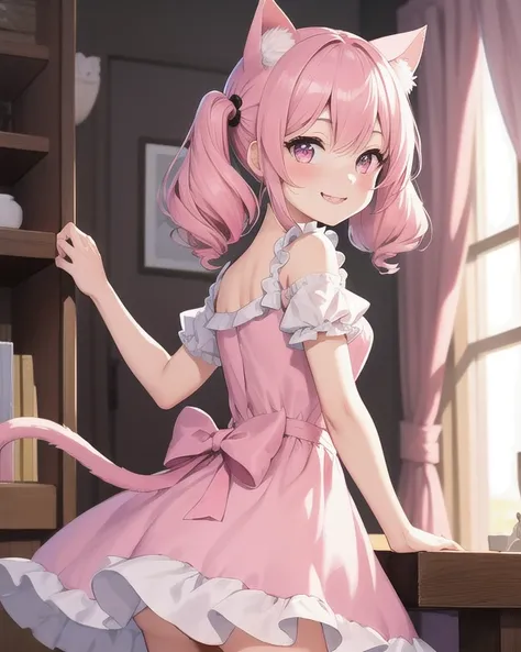 Best quality, high resolution, detailed, beautiful image quality, one girl, cute dress with frills, pink dress, pink hair, long twin tails, cat ears, lolicon feeling, smiling, white and pink room, facing forward, cute gestures,