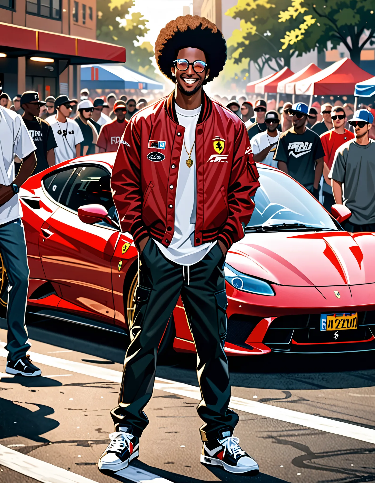 masterpiece, best quality, high res, highly detailed, 1boy, black skinned male, afro, early thirties aged adult, mid-2000s era hip-hop clothing, glasses, smile, cool expression, dynamic incredible standing pose, in front of a cheering crowd of street racer...