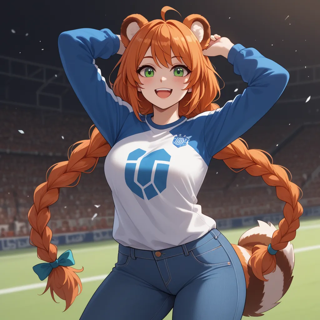 (Masterpiece) (High Detail) (High Res) A short curvy slim Humanoid red_panda Female with tanned human skin and bright green eyes and long braided orange hair and fluffy orange red_panda ears and a long fluffy red_panda tail and medium breasts. She is weari...