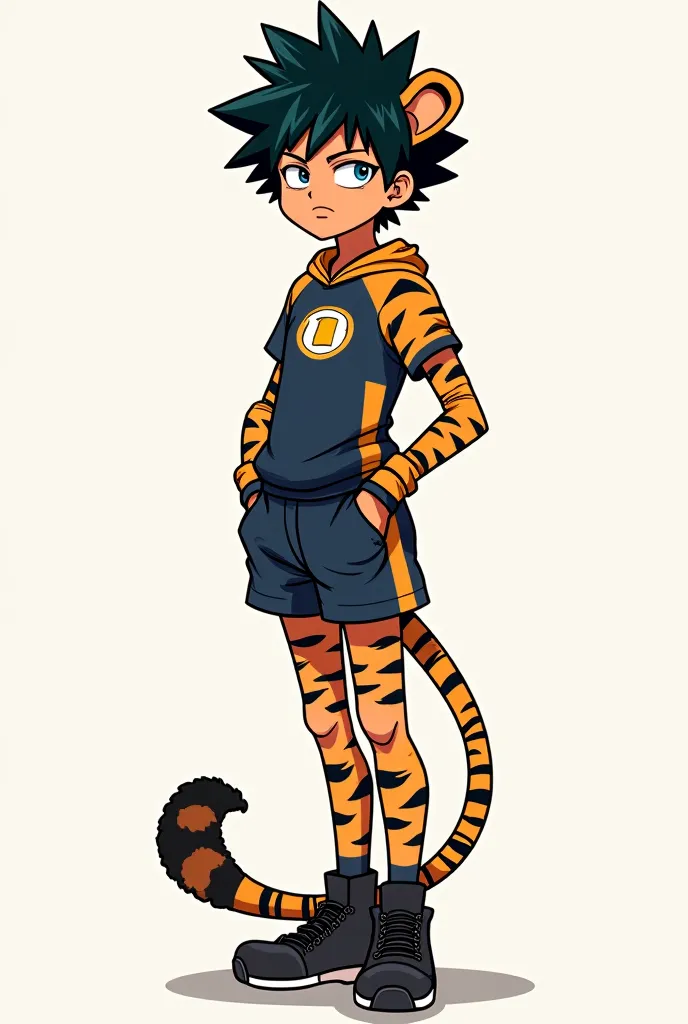 In My Hero Academia manga panel art style. An 8'3 ft tall girl with a short and messy black hair along with a braid for the back hair. She has multiples patterns like a tigers on her body and she was wearing the UA uniform and a pair of black shoes. She ha...