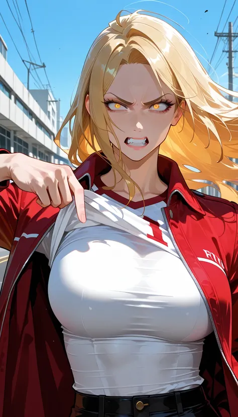 Blonde girl, red coat, white shirt,  red jersey, furious face, hair lifted by the wind, right hand pointing forward