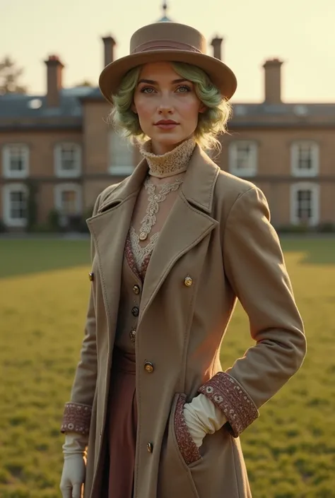 A young and beautiful British aristocrat from the 1920s, stylish outing attire，1 person. charming, slightly greenish blonde.Chimneys Hall