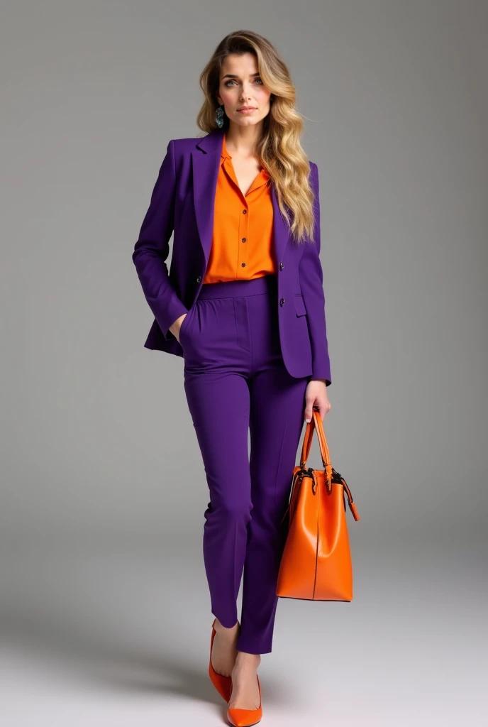  Woman, Realistic, Honey-dark hair with fine black highlights and thin blonde locks , white, long hair, wavy hair, orange blouse, purple blazer, purple dress pants , orange high-heeled shoe, Very large orange bag on the varnish,  beautiful body, full body,...