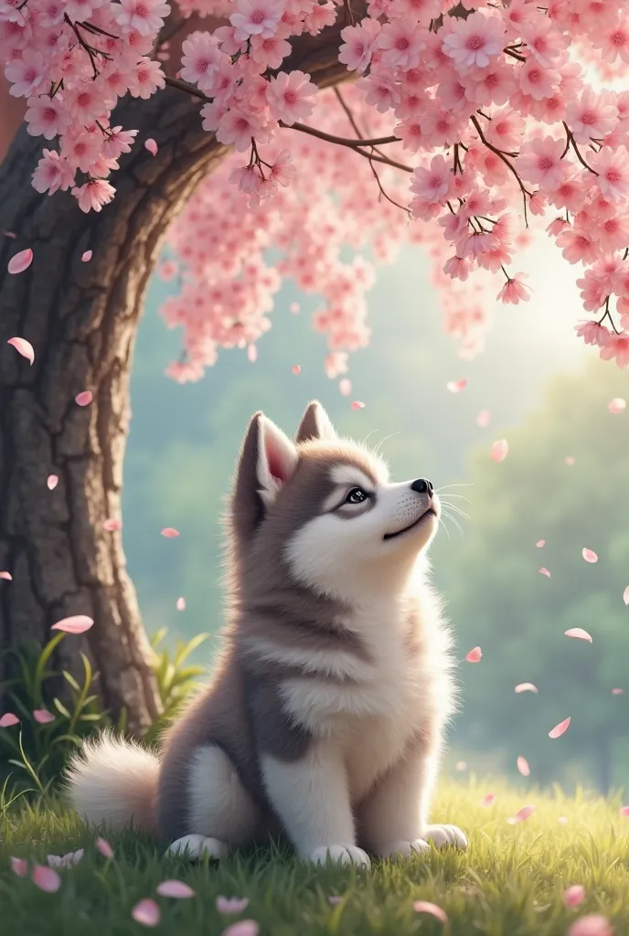 Under a big cherry tree in full bloom, cherry blossom petals falling like snow, a tiny Alaskan Malamute puppy, fluffy and fluffy, watching the falling cherry blossom petals,