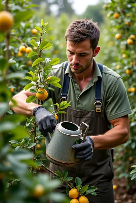 The man is watering the lemon plant