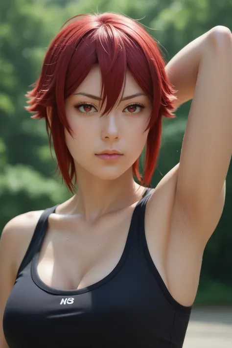 score_9, score_7_up, source_anime, detailed background, (upper body, medium shot:1.4), solo, 1girl,  tomo aizawa, short hair, red eyes, hair between eyes, red hair, sport bra, sleeveless, medium breast, cleavage, spread armpit, arm up, armpit, lay hand on ...