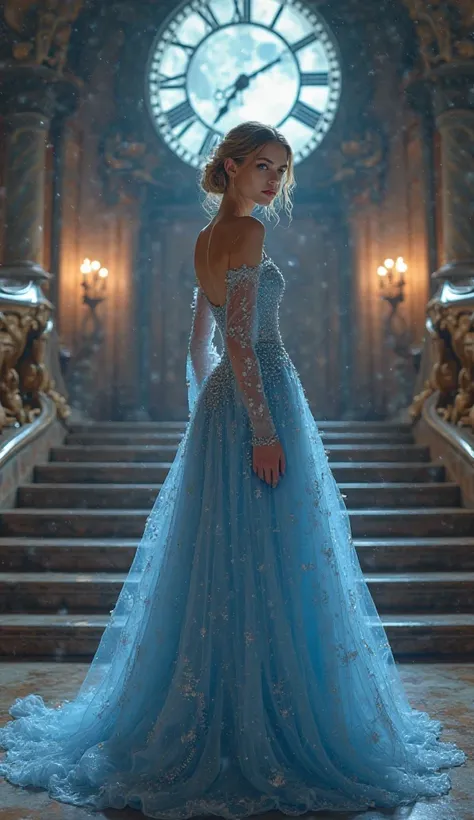 A hyper-realistic full-body image of a graceful woman with golden blonde hair styled in an elegant updo. She wears a sparkling light blue ball gown with sheer sleeves, a fitted bodice, and a voluminous skirt that shimmers under the moonlight. Her feet are ...