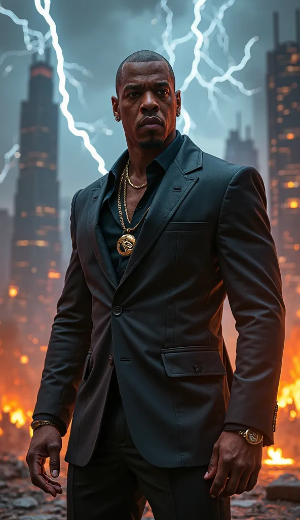 A hyper-realistic, ultra-detailed portrait of Jay-Z standing in a dramatic Mortal Kombat arena. His clean-shaven head and sharp facial features are rendered with incredible realism, showcasing natural skin texture, subtle wrinkles, and perfect lighting ref...