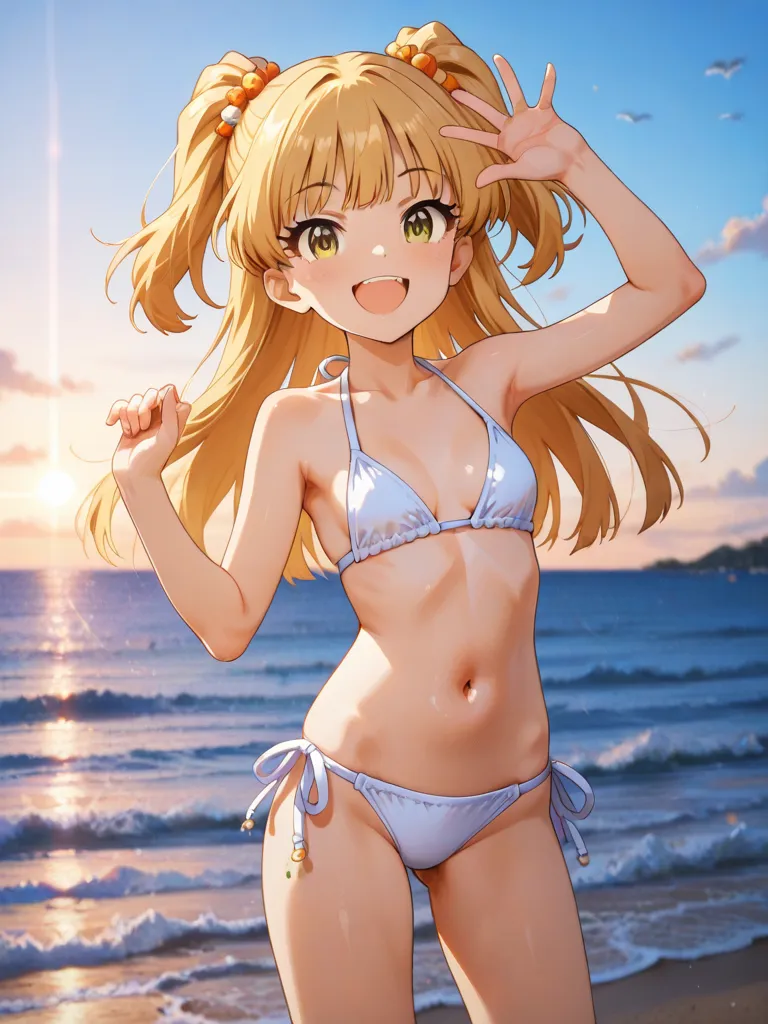 an anime style female character, solo, jpgasaki rika, idolmaster, smile, open mouth, white sexy bikini, cowboy shot, ocean, masterpiece, anime shading, anime lighting, sexy pose,