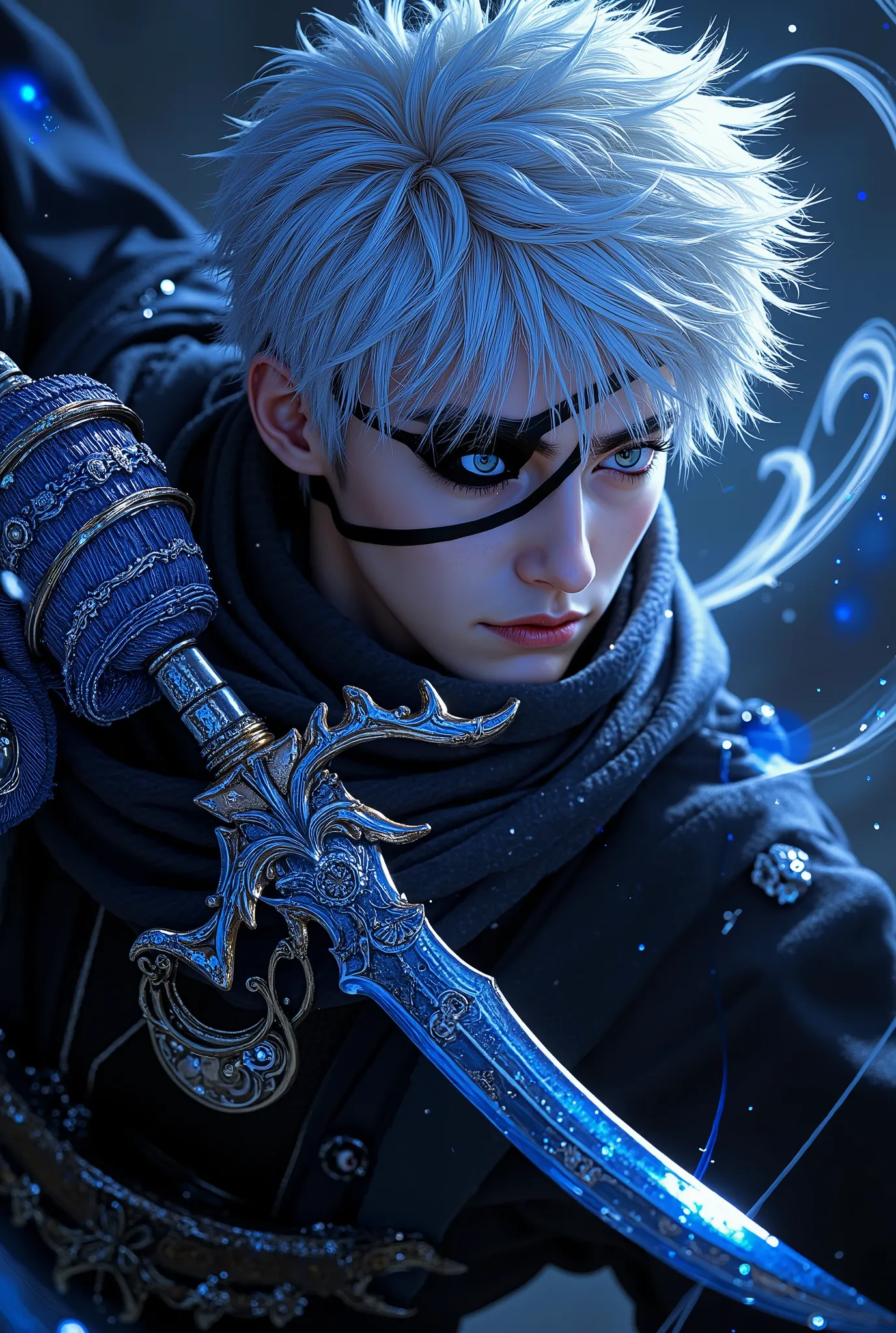 ( Correctperfect anatomy )A boy wearing a black shirt carries Single eye black eyepatch ( Single eye black eyepatch)Highly dynamic rotating light with sharp eyes 、scarf, white hair, Close-up of man with high dynamic range，Spiky white hair，Holding a shiny d...