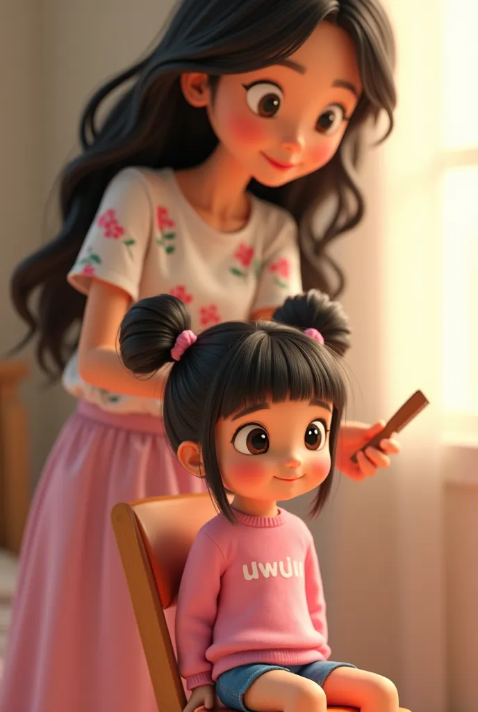 Close-up, Bunda, a loving adult woman with long, loose wavy hair, beautiful woman, is wearing a floral print t-shirt, pink pastel long skirt. She stands behind a chair, holding a comb as she gently brushes Uwu’s hair with a caring expression. Uwu, a cute  ...