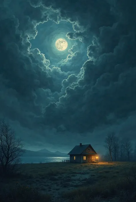 a dark night landscape, a little house in the distance, a lake, stormy clouds and the full moon