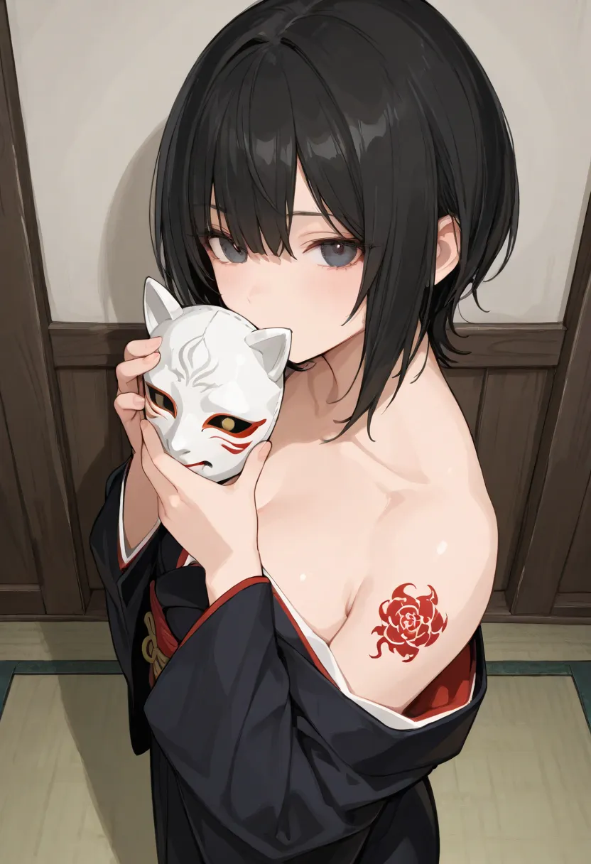 (masterpiece , top quality ,  exquisite,8k, absurd),(748cmstyle),kimono,Kimono showing shoulders ,neck to shoulder tattoo,black dragon tattoo,(high angle),mekakure,Messy bangs,hold a mask and hide your right eye,Hannya Mask,diagonal,(close), black hair,wol...