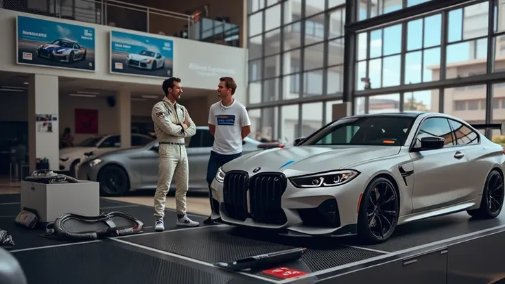 Inside a BMW showroom with a performance-focused design, featuring a race-inspired M Performance display. The 2025 BMW M3 is positioned next to a set of exposed carbon fiber parts, including a spoiler, diffuser, and air intakes. A BMW racing driver in a wh...