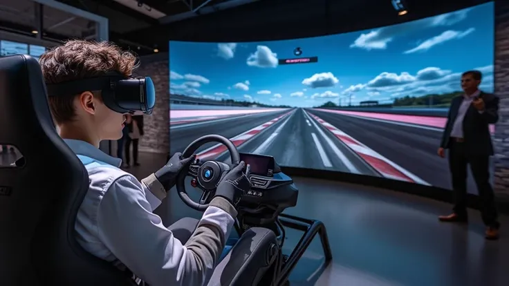 A BMW showroom with an immersive experience zone, where customers can test the 2025 BMW M3 in a virtual driving simulator. A young man, wearing a VR headset and BMW-branded racing gloves, grips a high-end racing wheel setup. The massive curved screen in fr...