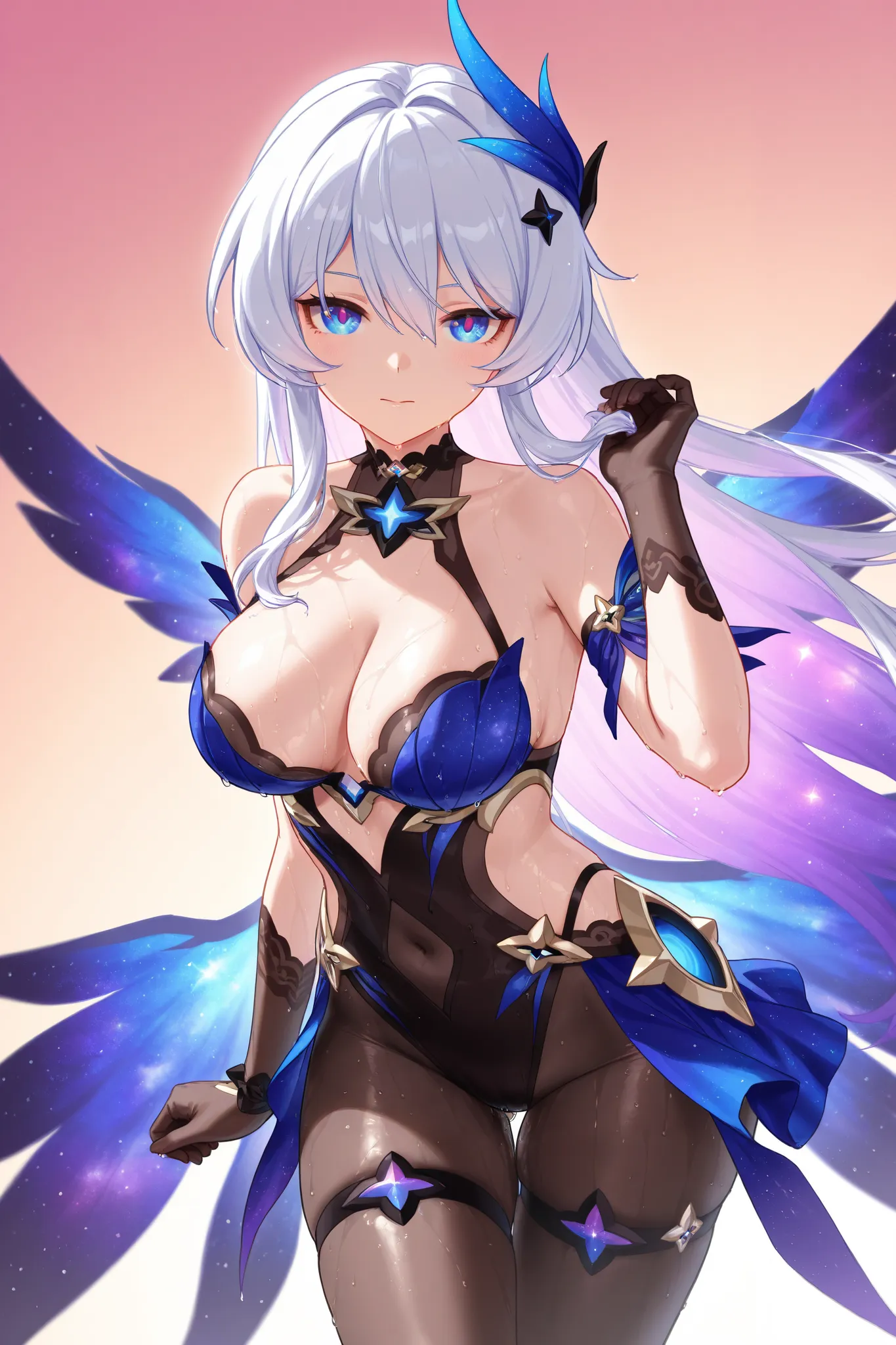 Honkai Impact 3、Kiana、best image quality、 best thighs、Beautiful breasts、wet body、Galaxy eyes、Galaxy Wings、Glittering hair、So that the whole thing is reflected、black tights