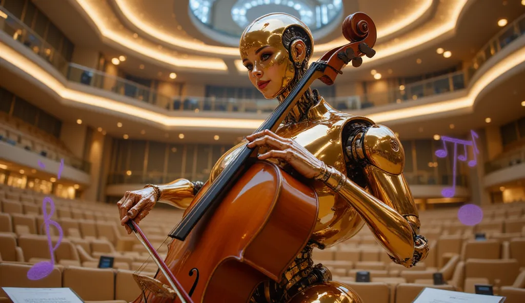 A breathtakingly detailed humanoid robot, crafted with a sleek, reflective gold and chrome exoskeleton, elegantly playing a cello in a futuristic concert hall. The robot’s intricate mechanical joints and articulated fingers move with precise grace, showcas...