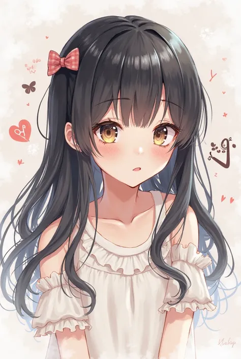 , 1 girl, There is a letter Y ,heart,long black hair,Red cheeks,Tie a bow 