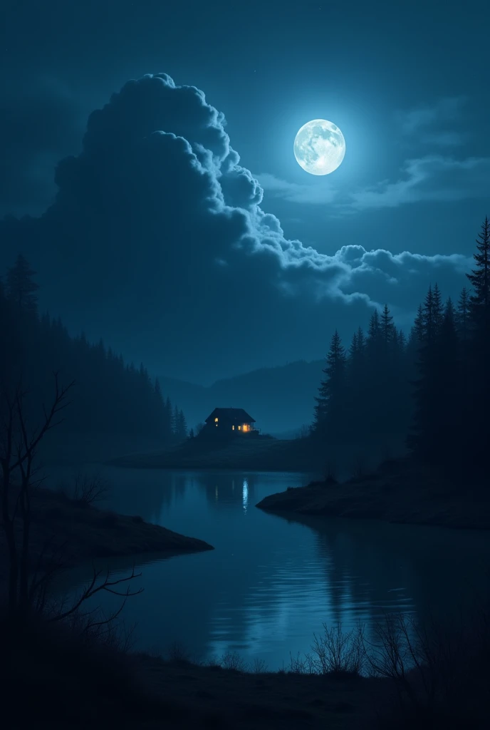 a dark night landscape with a little lake near, a little house in the distance, a forest, a single big stormy clouds and the full moon