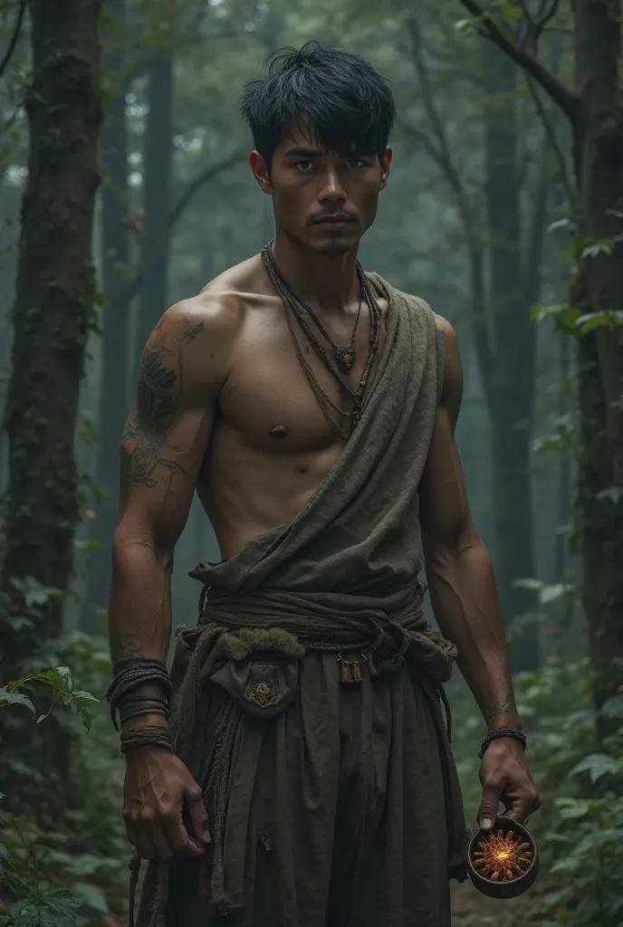 "A young, brave man with strong features and a determined expression. He is dressed in simple village clothes, with short black hair and a confident posture. He is standing in a dark forest, holding a protective talisman in one hand, looking scared but res...