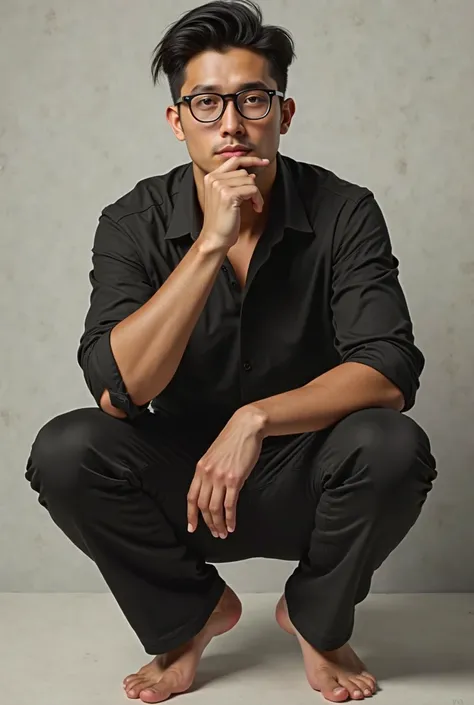 A profile picture, cream skin color, black shirt, black pants, bare feet, black hair and glasses And let him be a man.
