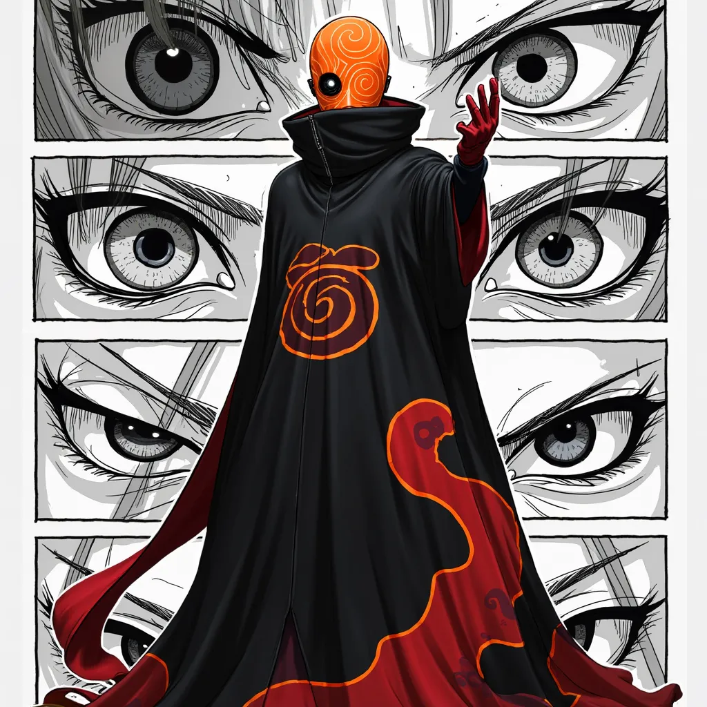 An epic anime-style illustration featuring a mysterious character wearing a long black cloak adorned with red cloud patterns, representing the infamous Akatsuki organization. The character stands confidently with one arm raised, revealing a palm with a uni...